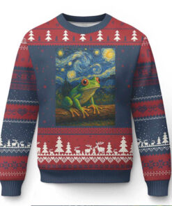 Funny Frog Ugly Christmas Sweater Van Gogh Style Starry Night