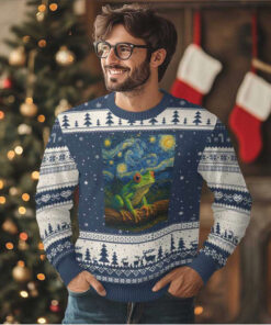 Funny Frog Ugly Christmas Sweater Van Gogh Style Starry Night
