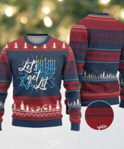 Funny Hanukkah Ugly Christmas Sweater Let’s Get Lit Menorah David Star