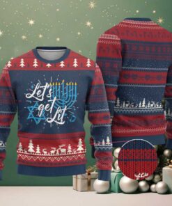 Funny Hanukkah Ugly Christmas Sweater Let’s Get Lit Menorah David Star