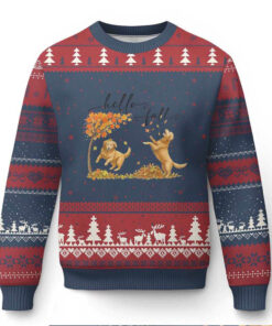 Funny Hello Fall Thanksgiving Golden Retriever Ugly Christmas Sweater