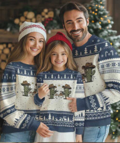 Funny Lone Star Cactus Cowboy Gunfight Gift Ugly Christmas Sweater