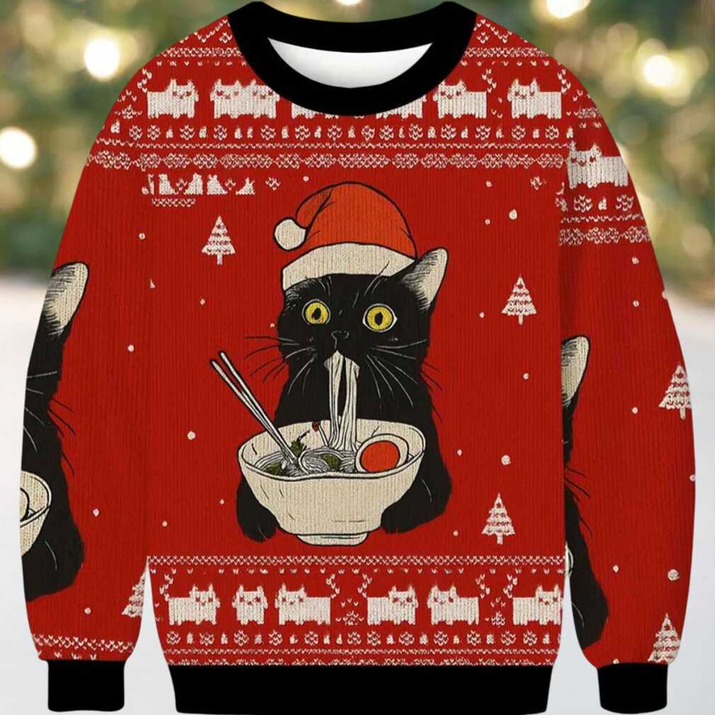 Funny Taking a Cat to Eat Ramen Ugly Christmas Sweater Funny Taking a Cat to Eat Ramen Ugly Christmas Sweater