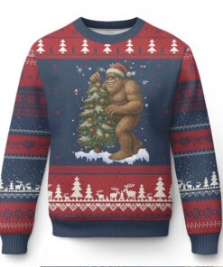 Funny Xmas Ugly Christmas Sweater Bigfoot Decorating Xmas Tree Gift