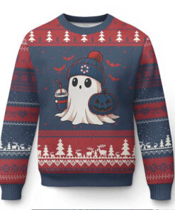 Ghost Halloween Ugly Christmas Sweater Retro Patriots Halloween Costume