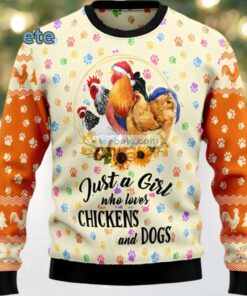 Girl Loves Chickens And Dogs Ugly Sweater Yellow
