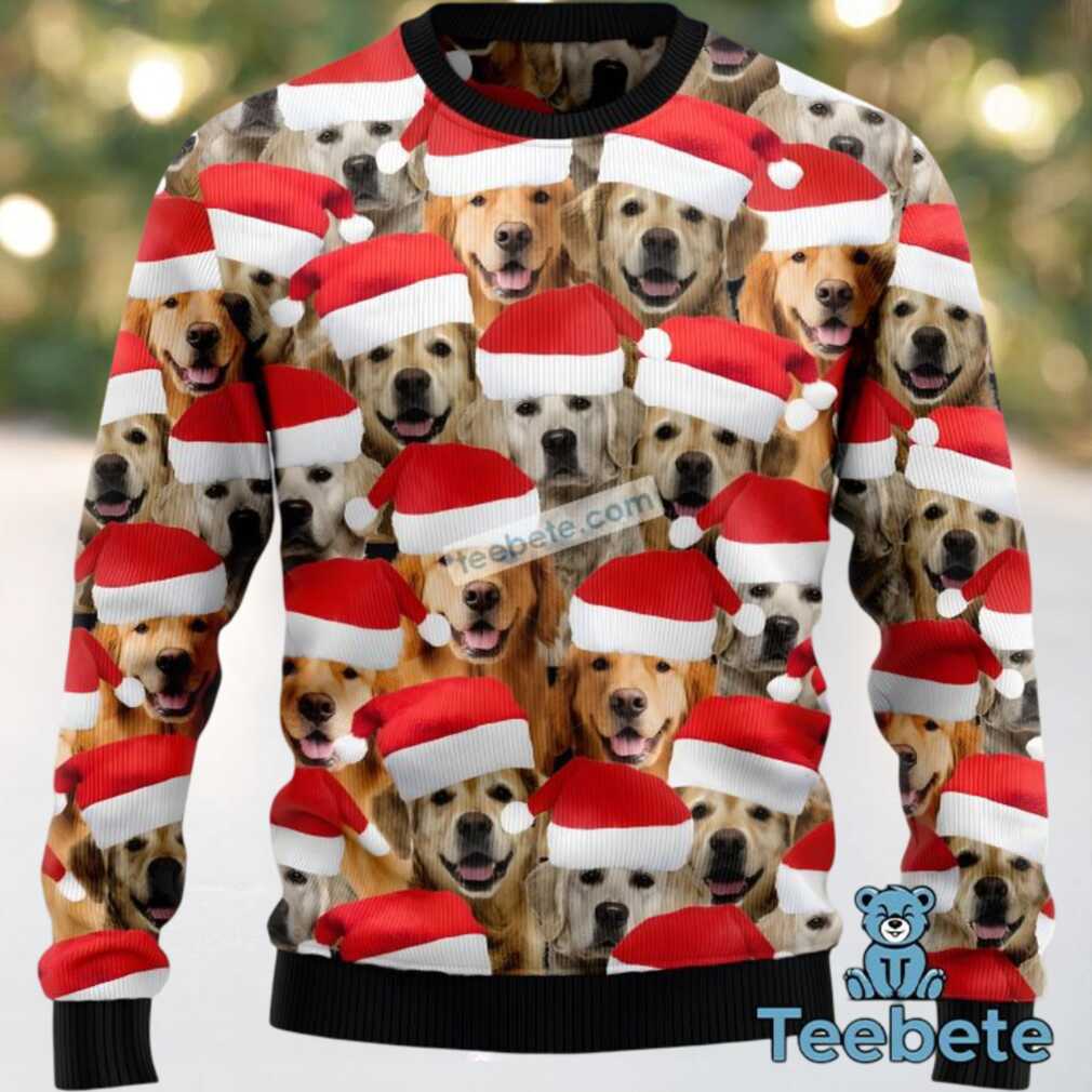 Golden Retriever Dog Face Claus Hat Ugly Sweaters For Couples Red, hoodie, sweater, long sleeve and tank top Golden Retriever Dog Face Claus Hat Ugly Sweaters For Couples Red