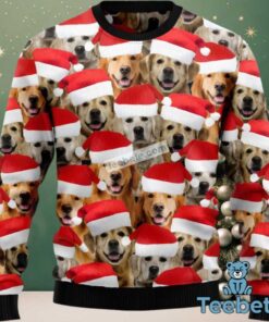 Golden Retriever Dog Face Claus Hat Ugly Sweaters For Couples Red, hoodie, sweater, long sleeve and tank top Golden Retriever Dog Face Claus Hat Ugly Sweaters For Couples Red