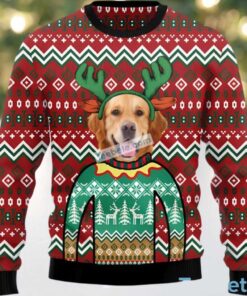 Golden Retriever Dog Face Reindeer Ugly Christmas Sweater Red Naughty