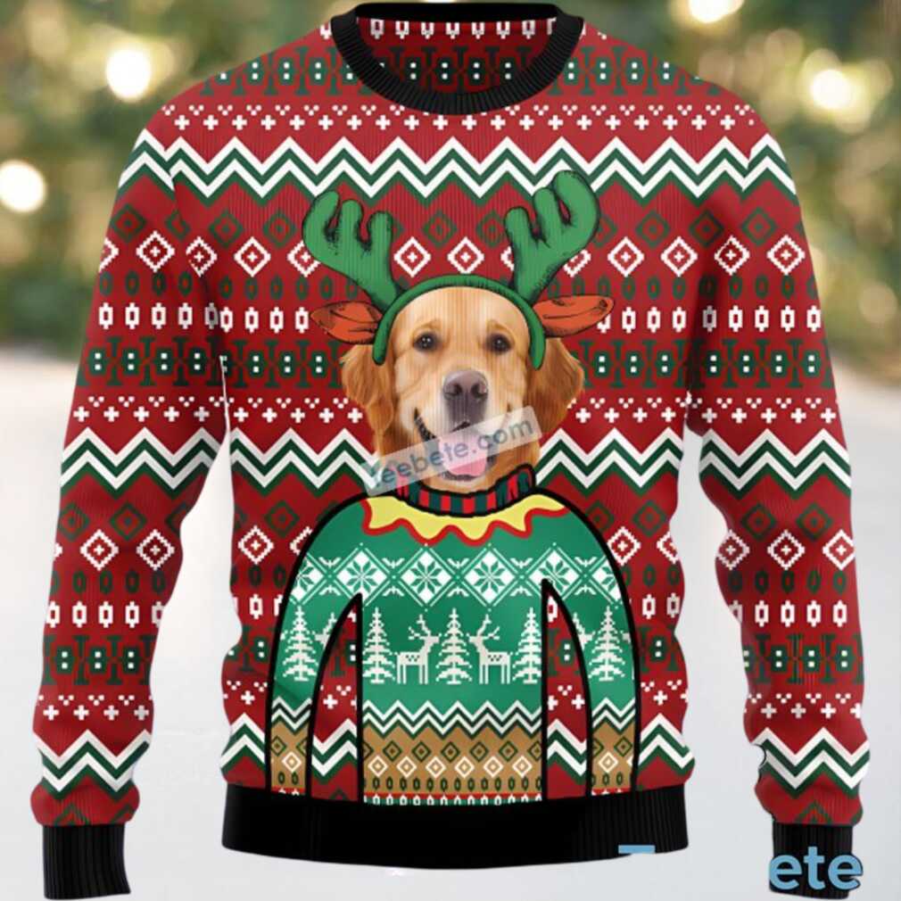 Golden Retriever Dog Face Reindeer Ugly Christmas Sweater Red Naughty, hoodie, sweater, long sleeve and tank top Golden Retriever Reindeer Ugly Christmas Sweater front view