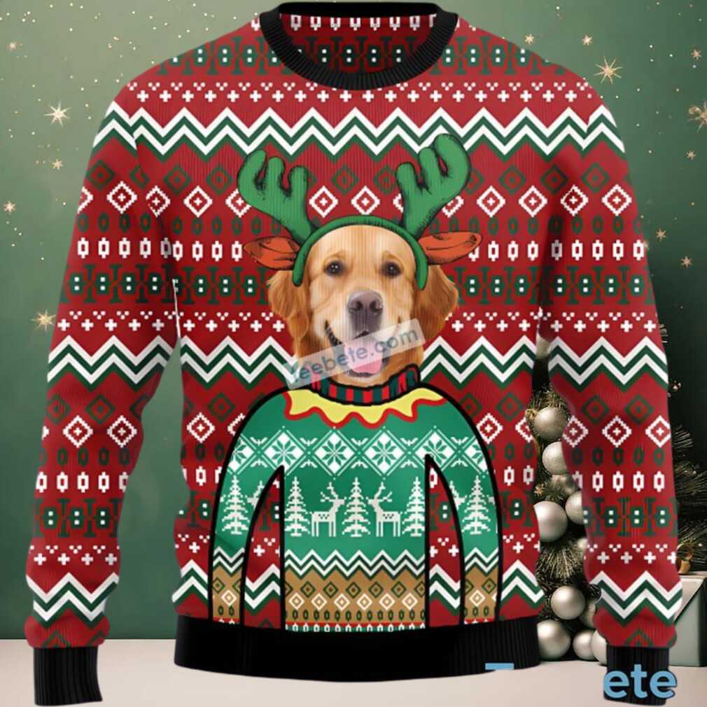 Golden Retriever Dog Face Reindeer Ugly Christmas Sweater Red Naughty, hoodie, sweater, long sleeve and tank top Golden Retriever Reindeer Ugly Christmas Sweater back view