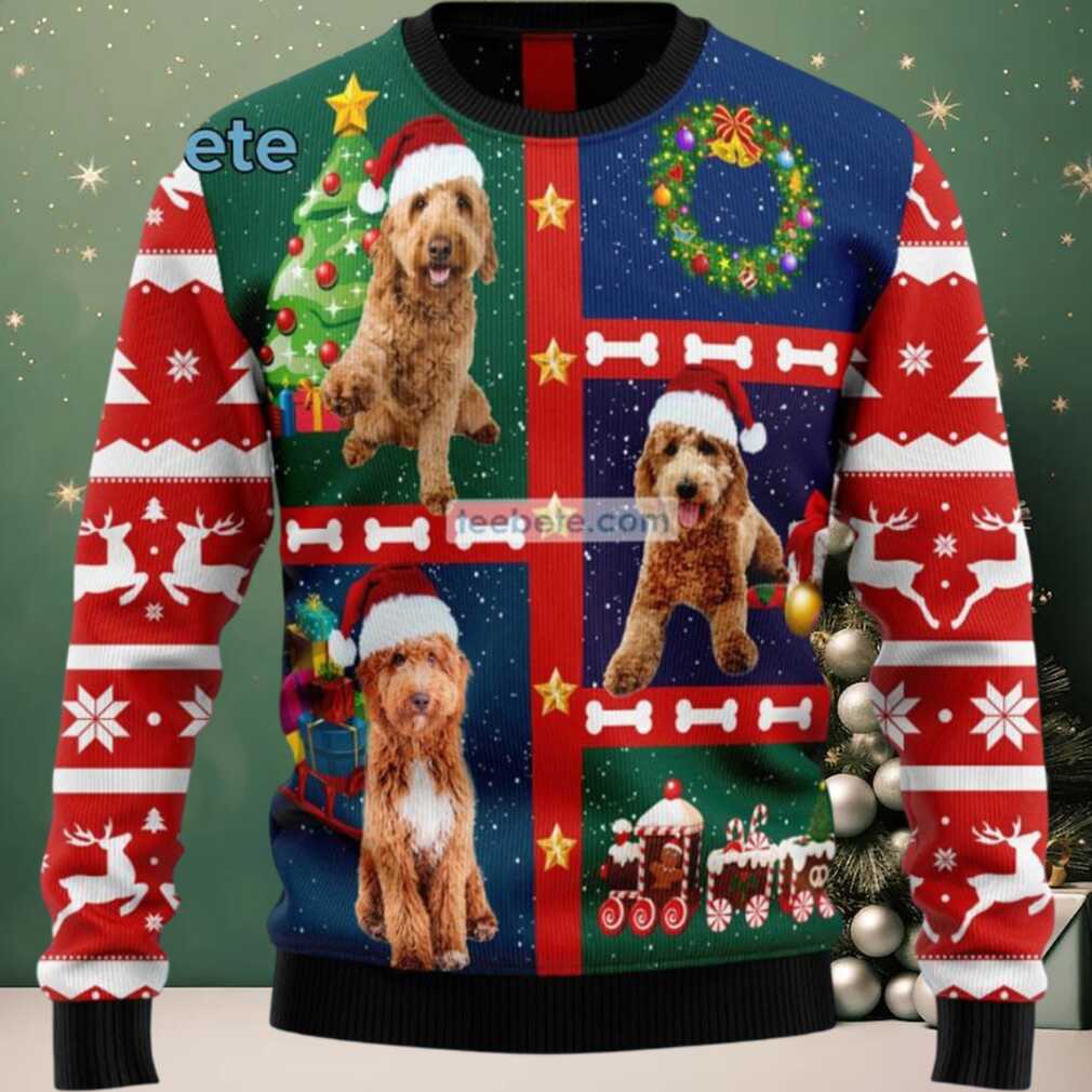 Goldendoodle Dog Mom Wreath Ugly Xmas Sweater, hoodie, sweater, long sleeve and tank top Goldendoodle Dog Mom Wreath Ugly Xmas Sweater detail view