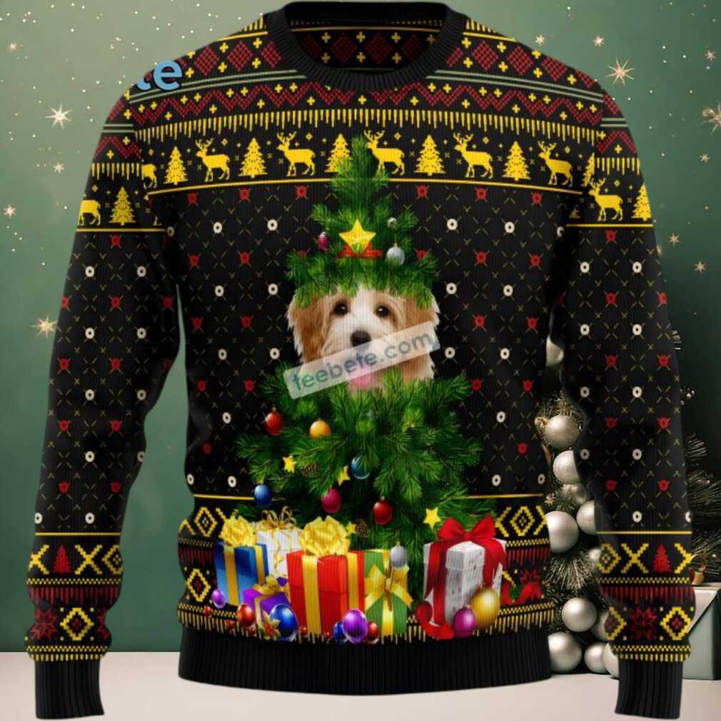 Goldendoodle Pine Dog Face Xmas Tree Ugly Christmas Sweater Black Funny, hoodie, sweater, long sleeve and tank top Goldendoodle Ugly Christmas Sweater detail