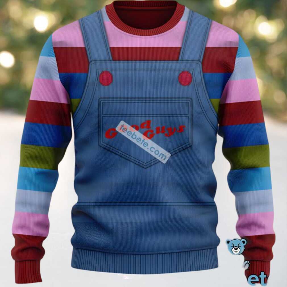 Good Guys Chucky Couples Ugly Christmas Sweaters Pink Blue, hoodie, sweater, long sleeve and tank top Good Guys Chucky Couples Ugly Christmas Sweaters Pink Blue front view