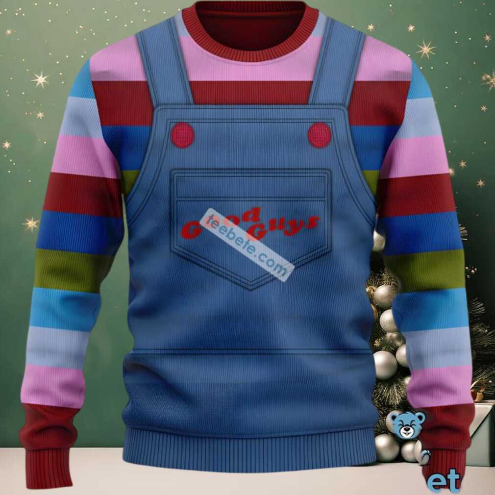 Good Guys Chucky Couples Ugly Christmas Sweaters Pink Blue, hoodie, sweater, long sleeve and tank top Good Guys Chucky Couples Ugly Christmas Sweaters Pink Blue detail view
