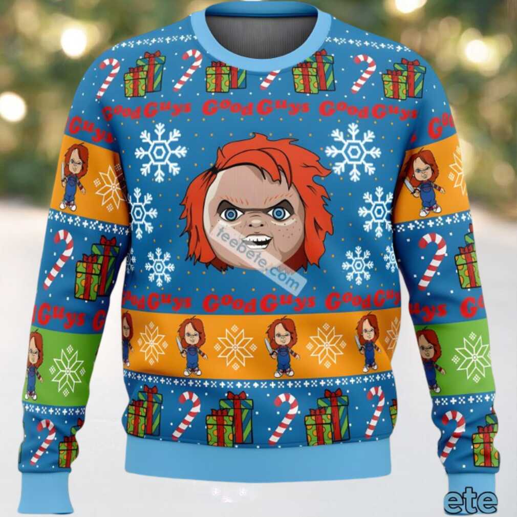 Good Guys Chucky Ugly Christmas Sweater Adults Yellow Blue, hoodie, sweater, long sleeve and tank top Good Guys Chucky Ugly Christmas Sweater Adults Yellow Blue front