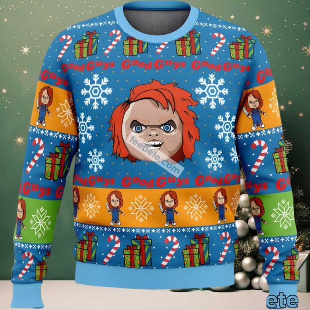 Good Guys Chucky Ugly Christmas Sweater Adults Yellow Blue, hoodie, sweater, long sleeve and tank top Good Guys Chucky Ugly Christmas Sweater Adults Yellow Blue detail