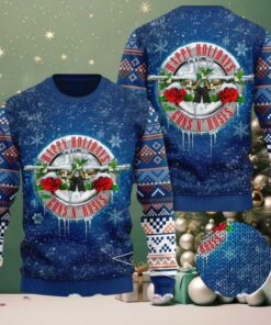 Guns N Roses Happy Holidays Snowy Knitted Blue 2025 Ugly Christmas Sweater