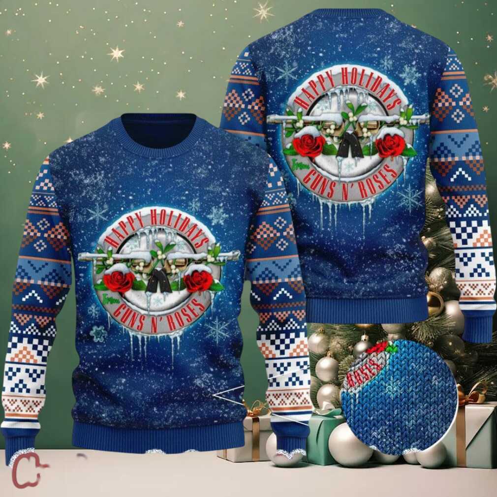 Guns N Roses Happy Holidays Snowy Knitted Blue 2025 Ugly Christmas Sweater Guns N Roses Happy Holidays Snowy Knitted Blue 2025 Ugly Christmas Sweater
