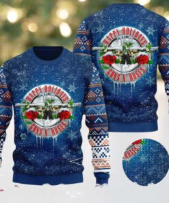 Guns N Roses Happy Holidays Snowy Knitted Blue 2025 Ugly Christmas Sweater