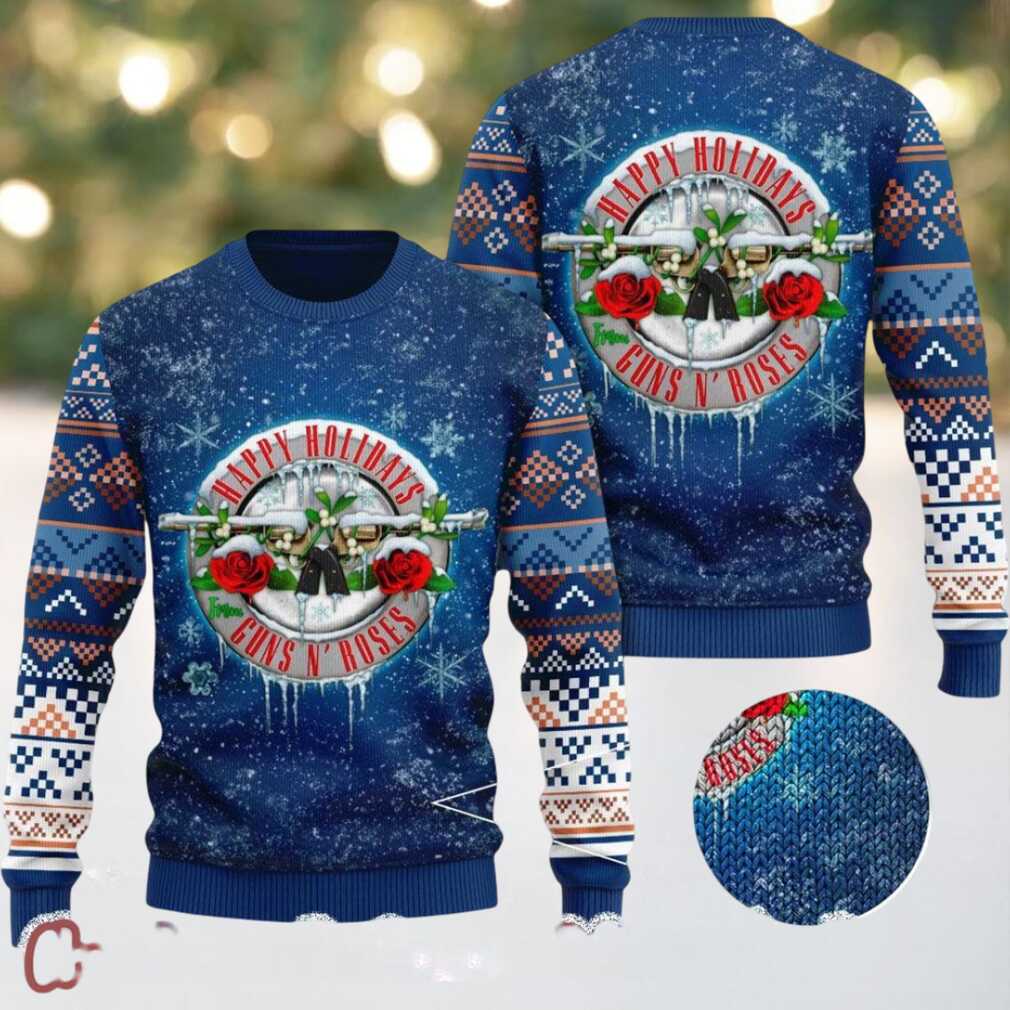 Guns N Roses Happy Holidays Snowy Knitted Blue 2025 Ugly Christmas Sweater Guns N Roses Happy Holidays Snowy Knitted Blue 2025 Ugly Christmas Sweater