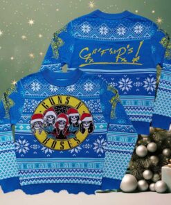 Guns N Roses Iconic Skull Logo Band Wearing Santa Hats Blue Uglty Christmas Sweater