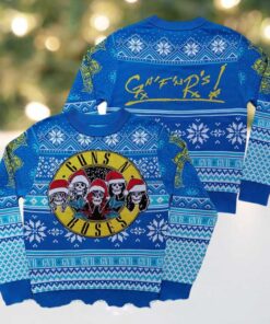 Guns N Roses Iconic Skull Logo Band Wearing Santa Hats Blue Uglty Christmas Sweater