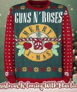 Guns N Roses Merry Xmas Guns Candy Crane Logo Holiday Theme Red And Green Knitted Ugly Christmas Sweater