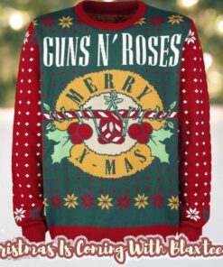 Guns N Roses Merry Xmas Guns Candy Crane Logo Holiday Theme Red And Green Knitted Ugly Christmas Sweater