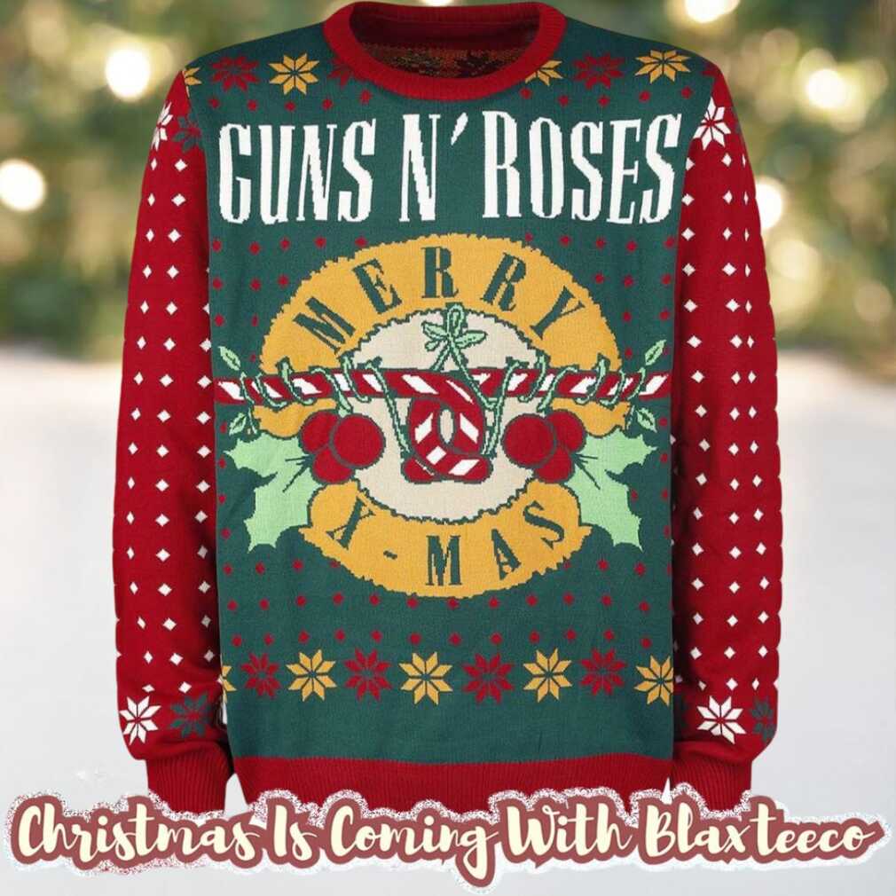Guns N Roses Merry Xmas Guns Candy Crane Logo Holiday Theme Red And Green Knitted Ugly Christmas Sweater Guns N Roses Merry Xmas Guns Candy Crane Logo Holiday Theme Red And Green Knitted Ugly Christmas Sweater