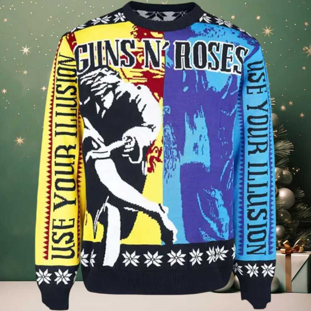 Guns N Roses Use Your Illusion Album Split Yellow And Blue Album Cover Ugly Christmas Sweater Jumper Guns N Roses Use Your Illusion Album Split Yellow And Blue Album Cover Ugly Christmas Sweater Jumper