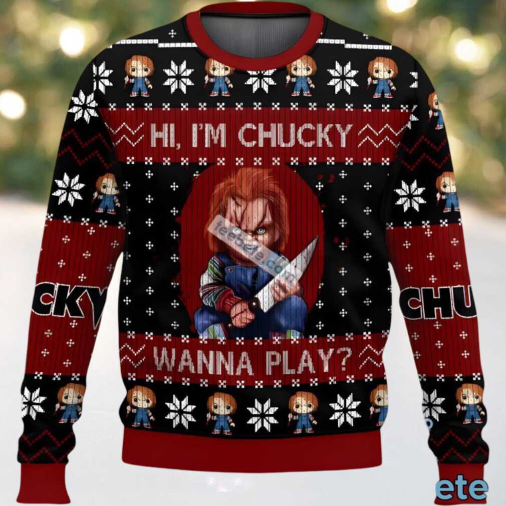 Hi Im Chucky Wanna Play Ugly Christmas Sweater Cute Black Blue, hoodie, sweater, long sleeve and tank top Chucky Ugly Christmas Sweater black and blue design