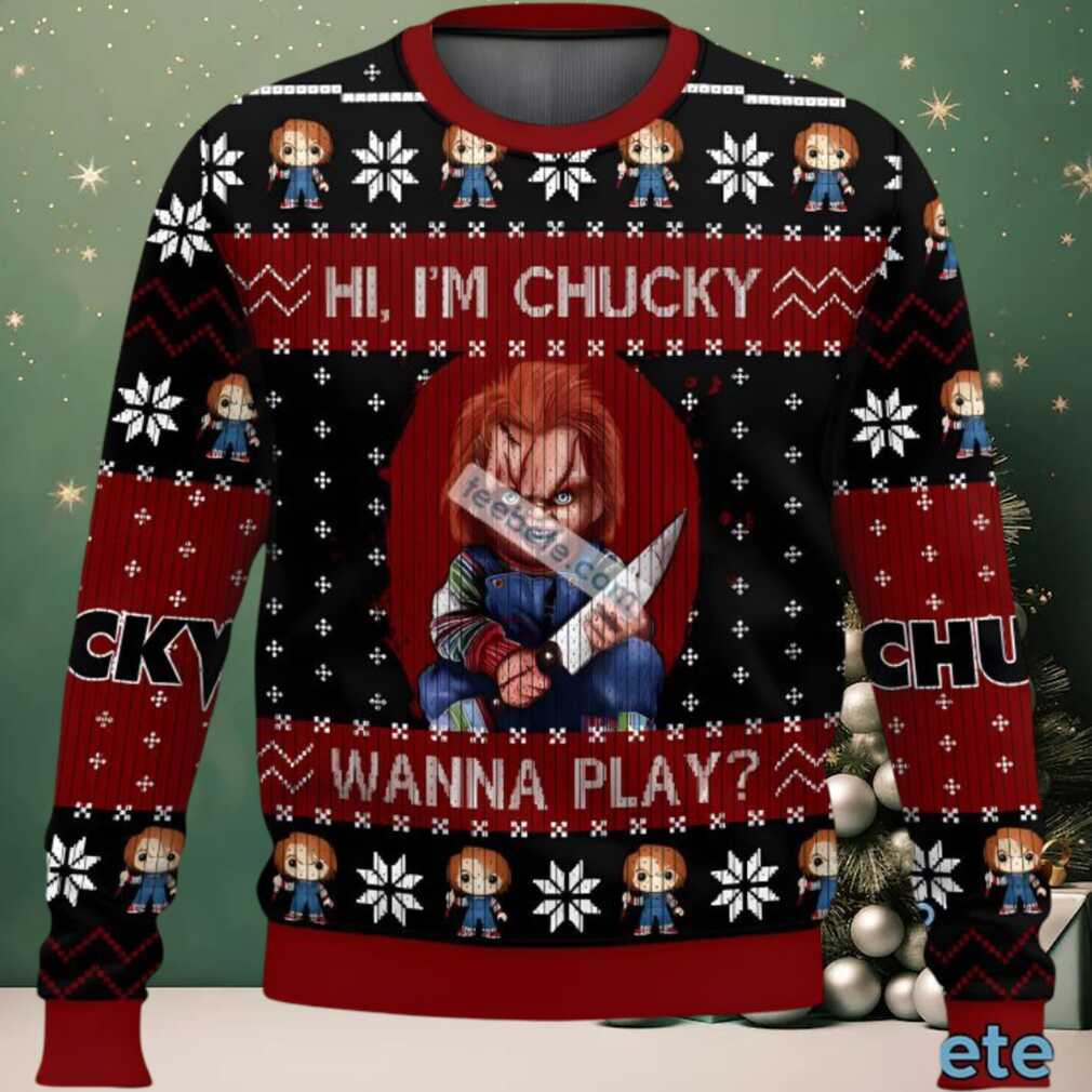 Hi Im Chucky Wanna Play Ugly Christmas Sweater Cute Black Blue, hoodie, sweater, long sleeve and tank top Person wearing Chucky 'Wanna Play' ugly Christmas sweater
