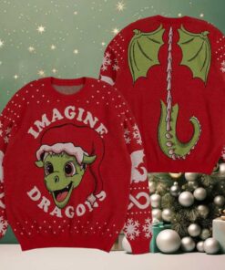 Imagine Dragon Holiday Dragon Jacquard With Santa Hat Knitted Red Ugly Christmas Sweater