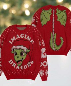 Imagine Dragon Holiday Dragon Jacquard With Santa Hat Knitted Red Ugly Christmas Sweater