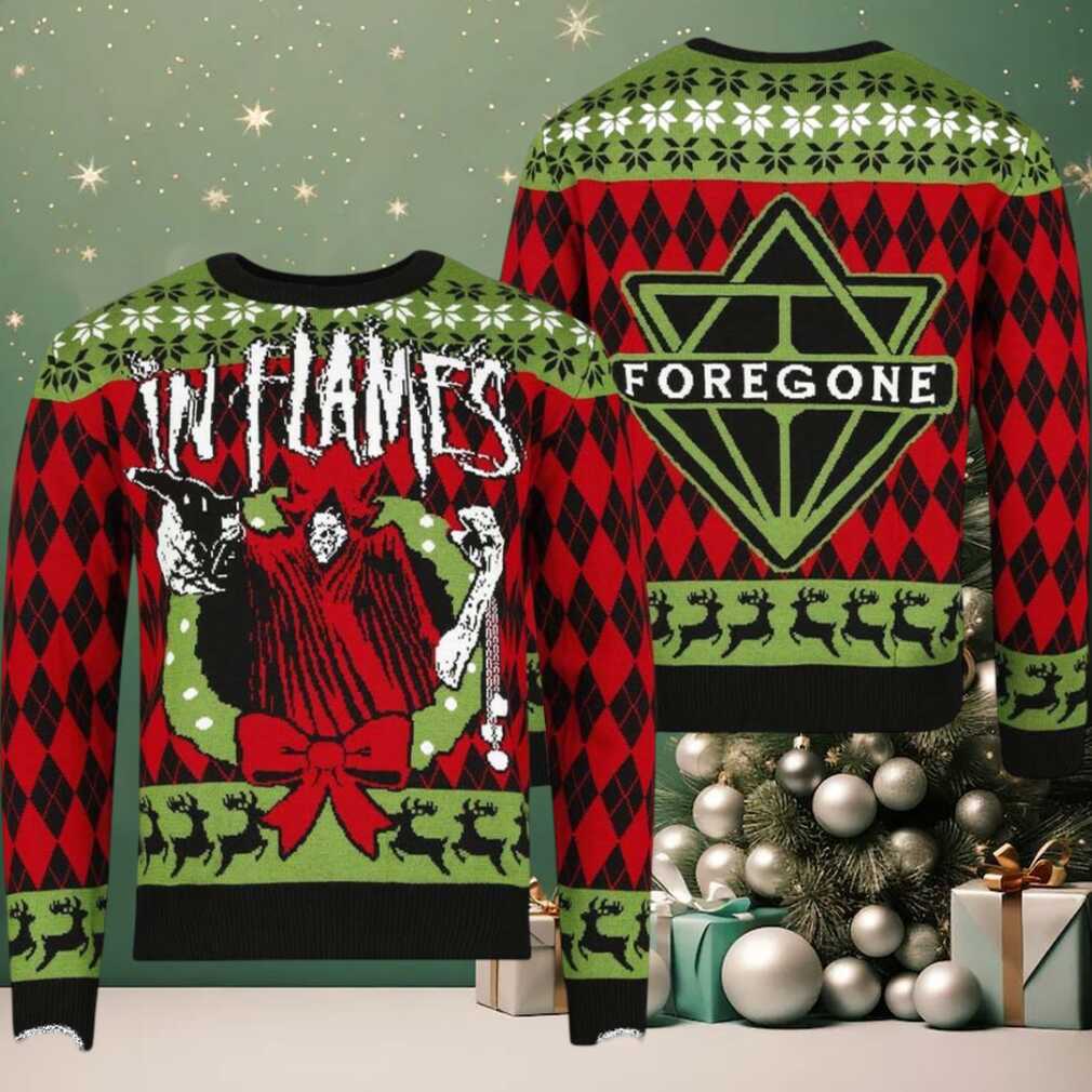 In Flames Foregone Xmas Wreath 2025 Knitted Red And Green Holiday Ugly Christmas Sweater Jumper In Flames Foregone Xmas Wreath 2025 Knitted Red And Green Holiday Ugly Christmas Sweater Jumper