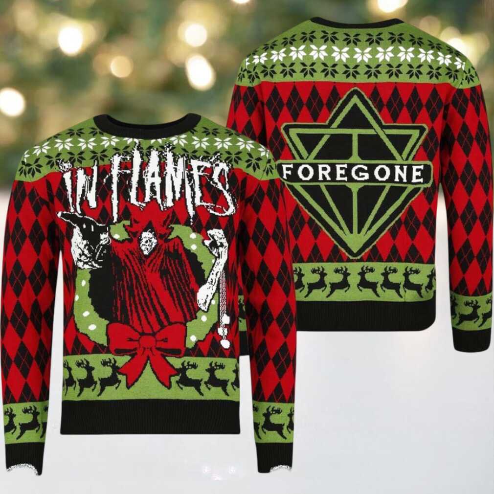 In Flames Foregone Xmas Wreath 2025 Knitted Red And Green Holiday Ugly Christmas Sweater Jumper In Flames Foregone Xmas Wreath 2025 Knitted Red And Green Holiday Ugly Christmas Sweater Jumper