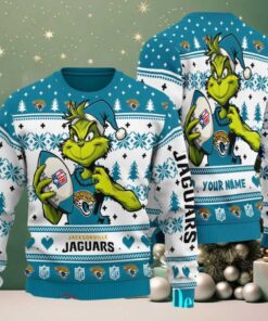 Jacksonville Jaguars Grinch With Ball NFL Ugly Christmas Sweaters Jacksonville Jaguars Grinch With Ball NFL Ugly Christmas Sweaters