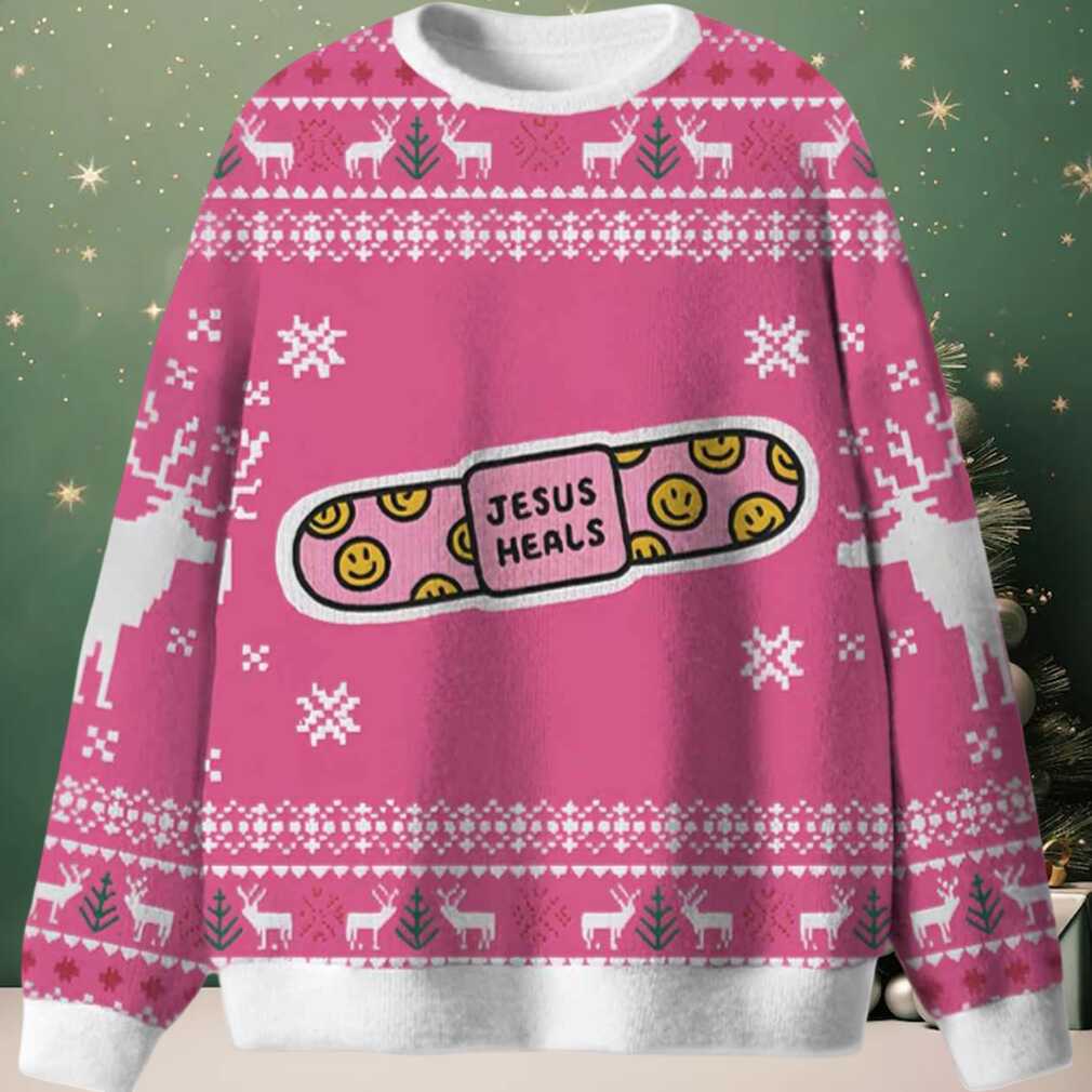 Jesus Heals Pink Christian Ugly Christmas Sweater Jesus Heals Pink Christian Ugly Christmas Sweater