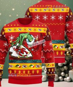 Kansas City Chiefs Grinch Hand Hold Logo Ugly Sweaters For Couples Red Kansas City Chiefs Grinch Hand Hold Logo Ugly Sweaters For Couples Red