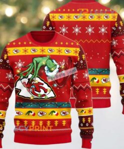 Kansas City Chiefs Grinch Hand Hold Logo Ugly Sweaters For Couples Red