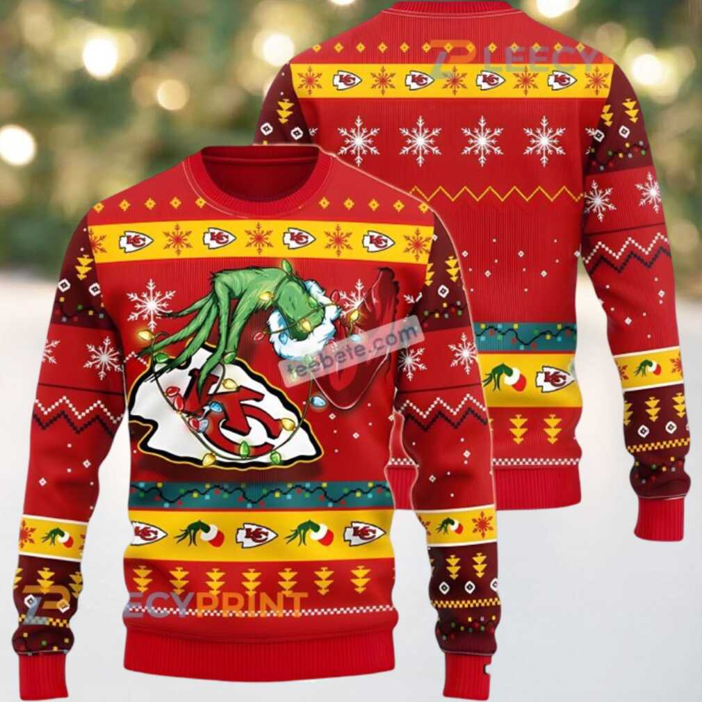Kansas City Chiefs Grinch Hand Hold Logo Ugly Sweaters For Couples Red Kansas City Chiefs Grinch Hand Hold Logo Ugly Sweaters For Couples Red