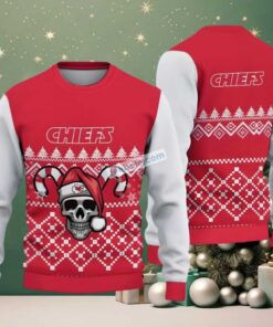 Kansas City Chiefs Skull Santa Hat Ugly Sweaters For Christmas Red Mens Kansas City Chiefs Skull Santa Hat Ugly Sweaters For Christmas Red Mens
