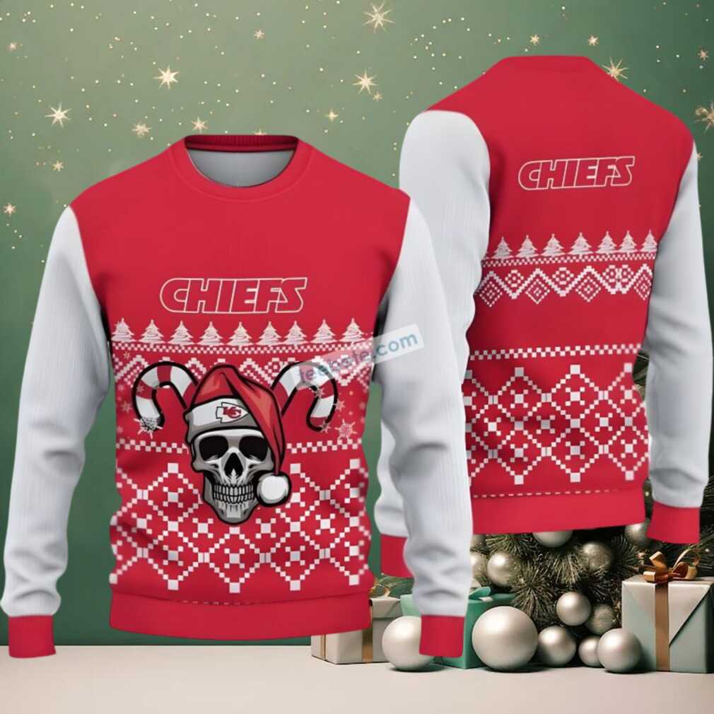 Kansas City Chiefs Skull Santa Hat Ugly Sweaters For Christmas Red Mens Kansas City Chiefs Skull Santa Hat Ugly Sweaters For Christmas Red Mens