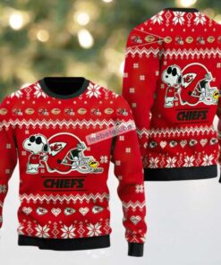 Kansas City Chiefs Snoopy And Woodstock Helmet Ugly Christmas Sweatshirt Red