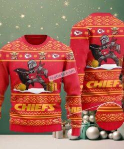 Kansas City Chiefs The Mandalorian Baby Yoda Ugly Cardigan Christmas Red Kansas City Chiefs The Mandalorian Baby Yoda Ugly Cardigan Christmas Red