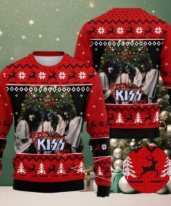 Kiss Band Merry Kissmas Under The Xmas Tree Holiday Style With Reindeer Knitted Red Ugly Christmas Sweater