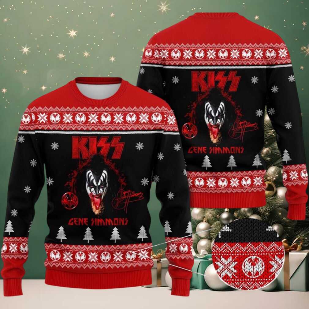 Kiss Gene Simmons Bloody Tongue With His Signature Black And Red Ugly Christmas Sweater Kiss Gene Simmons Bloody Tongue With His Signature Black And Red Ugly Christmas Sweater