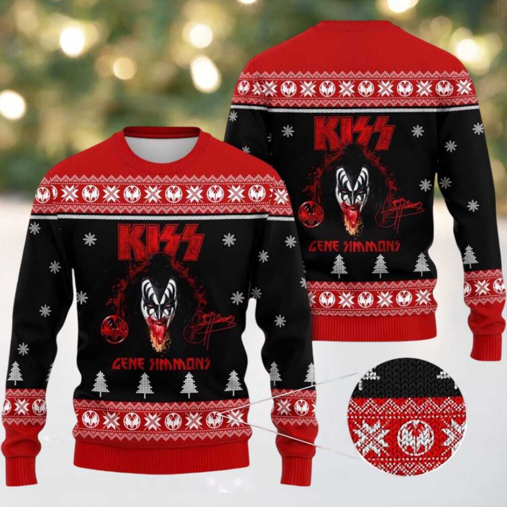 Kiss Gene Simmons Bloody Tongue With His Signature Black And Red Ugly Christmas Sweater Kiss Gene Simmons Bloody Tongue With His Signature Black And Red Ugly Christmas Sweater
