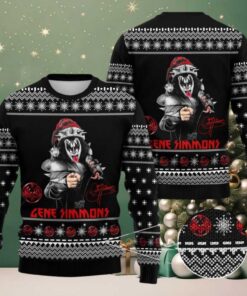 Kiss Gene Simmons With Santa Hat And Signature Xmas Holiday Best Gift For Fans Black Ugly Christmas Sweater